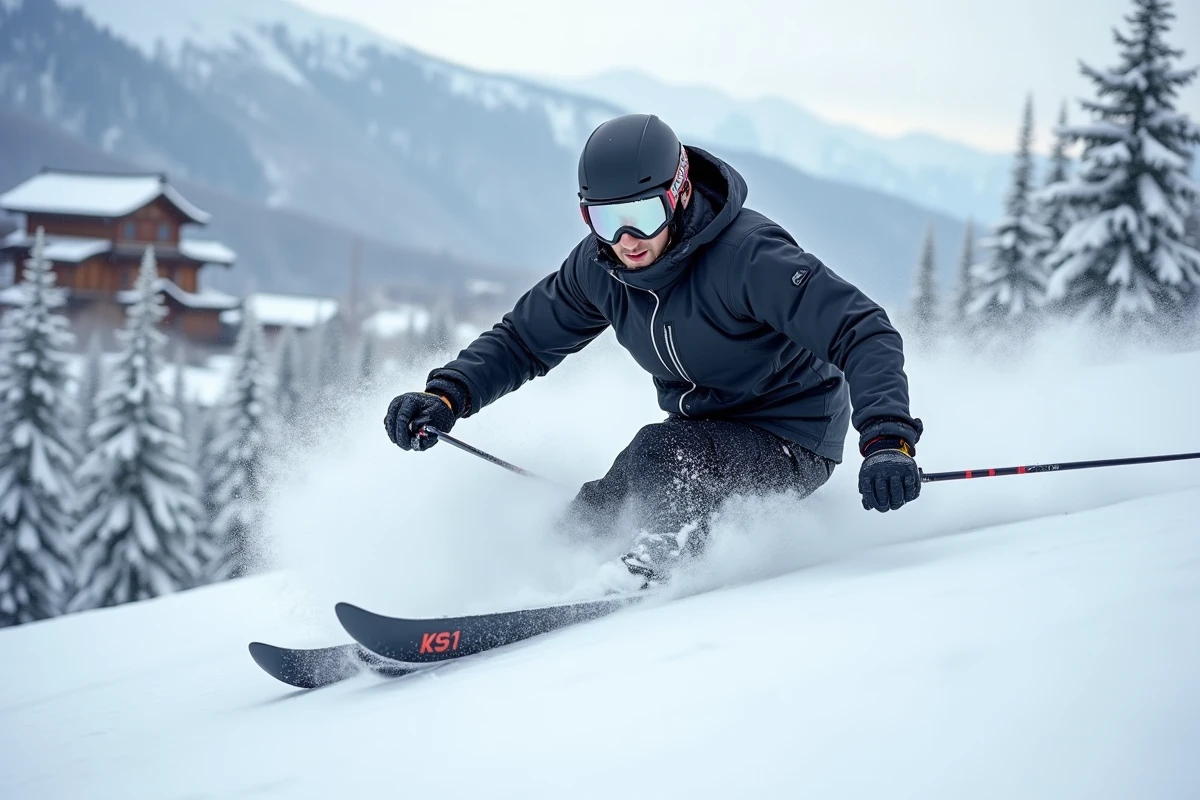 Skieur masculin dévalant une piste de poudreuse profonde sur le domaine skiable de Nozawa Onsen avec le village en contrebas