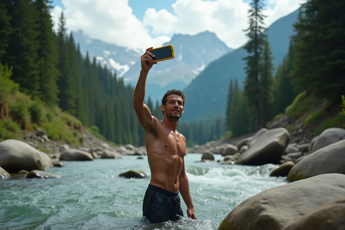 Homme utilisant un smartphone étanche en boîtier jaune pour photographier un paysage depuis une rivière de montagne
