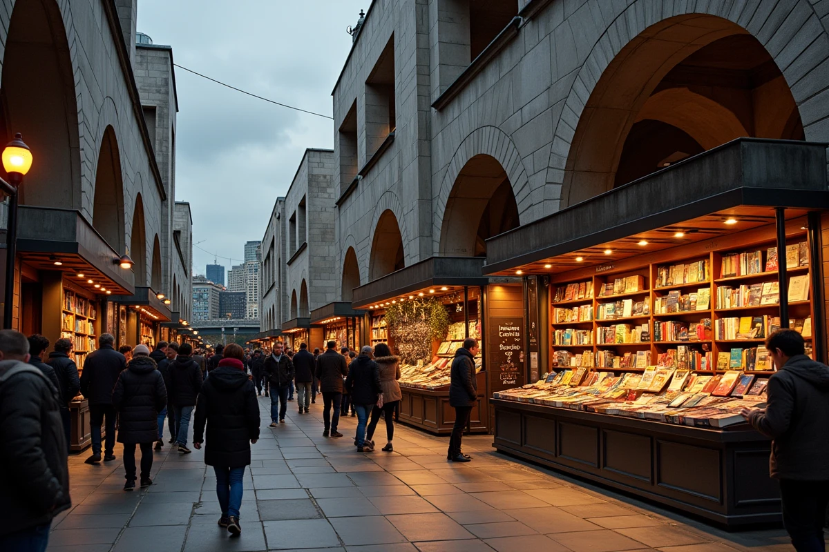 Marché de livres et artistes de rue sur la rive sud de la Tamise au South Bank de Londres en soirée