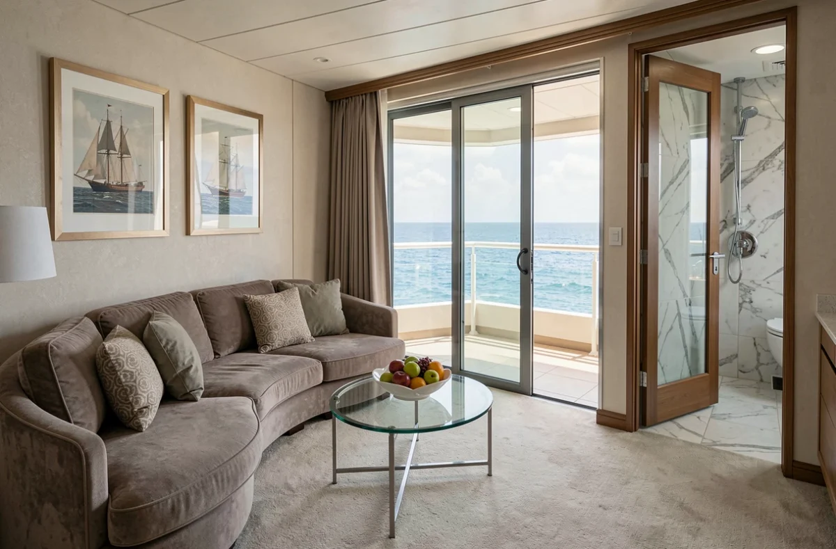 Suite de luxe en croisière avec salon séparé, terrasse privée et vue sur l'océan