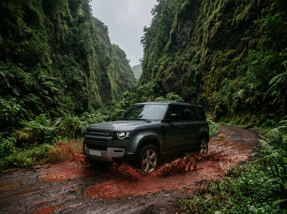 SUV gris traversant une piste boueuse inondée dans un ravin tropical luxuriant de La Réunion avec des éclaboussures de boue volcanique rouge