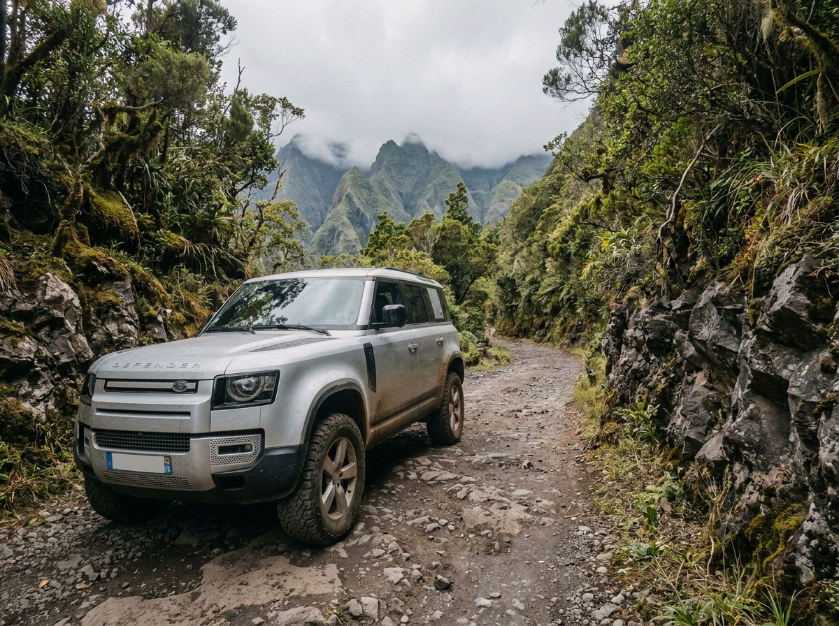 SUV moderne garé sur une route de montagne sinueuse à La Réunion entouré de végétation tropicale et de formations volcaniques