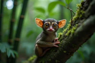 Tarsier des Philippines accroché à une branche moussue dans la forêt tropicale de Bohol, gros plan sur ses grands yeux ambrés caractéristiques