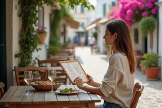 Jeune femme consultant le menu d'une taverne grecque abordable à Zakynthos, Zante, avec une salade grecque sur la table en bois