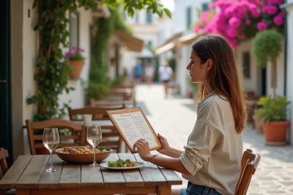 Jeune femme consultant le menu d'une taverne grecque abordable à Zakynthos, Zante, avec une salade grecque sur la table en bois
