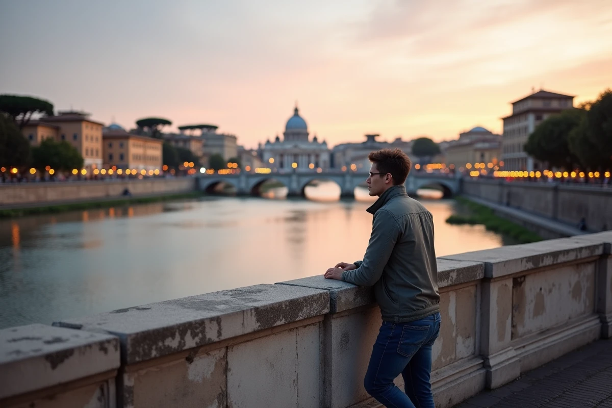 Vue depuis le Ponte Sisto sur le Tibre avec le Castel Sant'Angelo et la coupole de Saint-Pierre en arrière-plan au crépuscule
