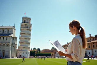 Touriste consultant une carte devant la Tour de Pise inclinée sur la Piazza dei Miracoli à Pise, Italie