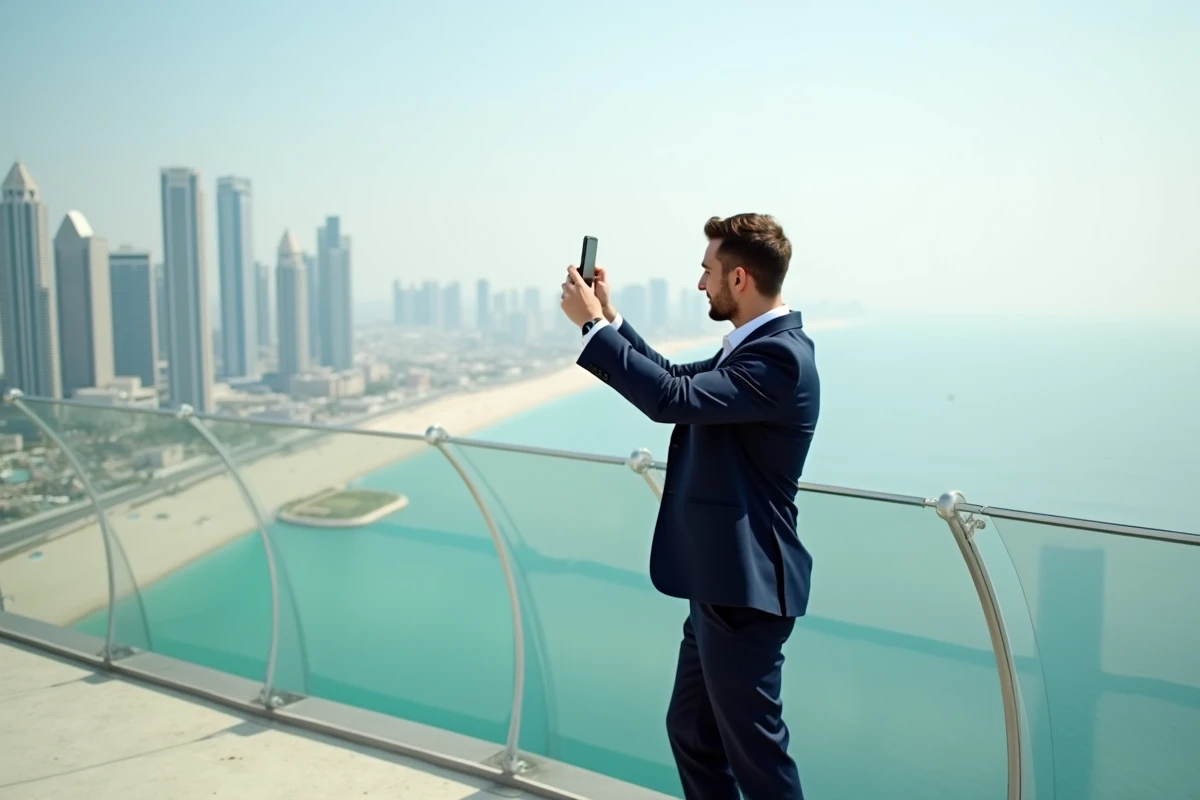 Touriste photographiant le panorama de Dubaï depuis le célèbre hélipad du Burj Al Arab