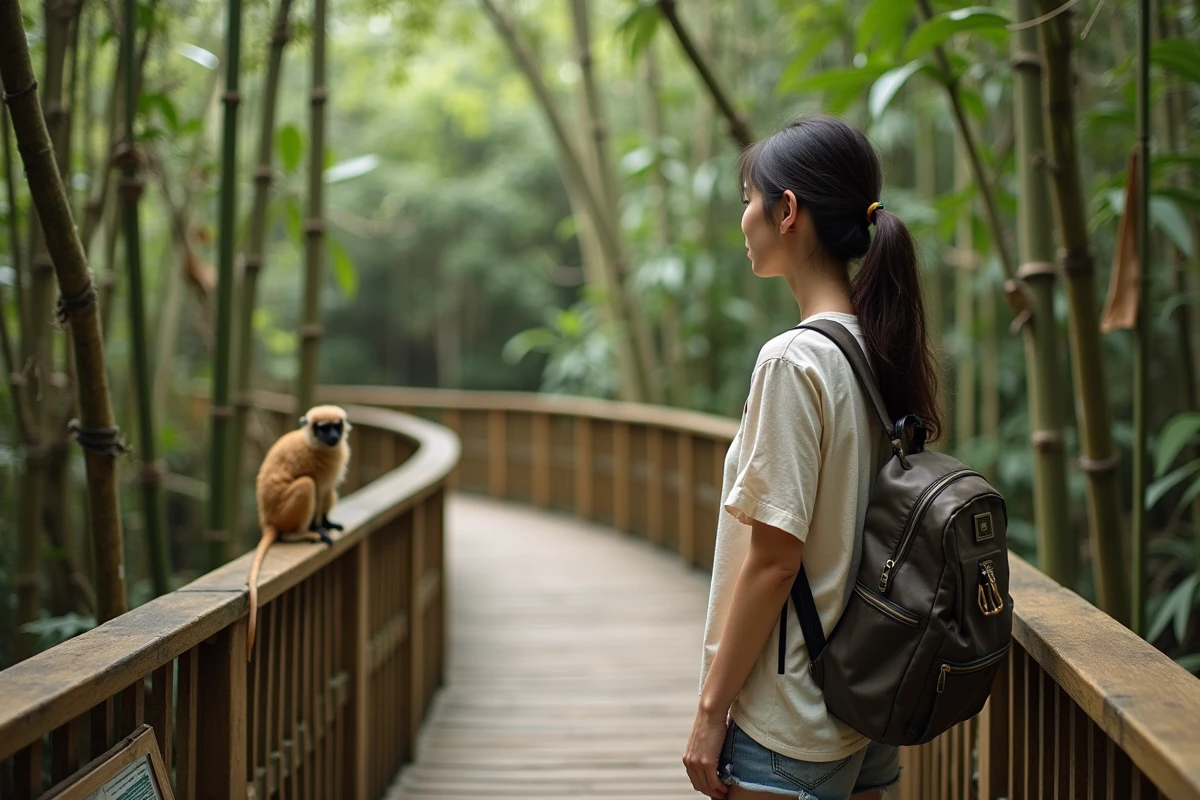 Touriste observant un tarsier sauvage depuis une passerelle en bois dans le sanctuaire de conservation de Bohol, écotourisme éthique aux Philippines