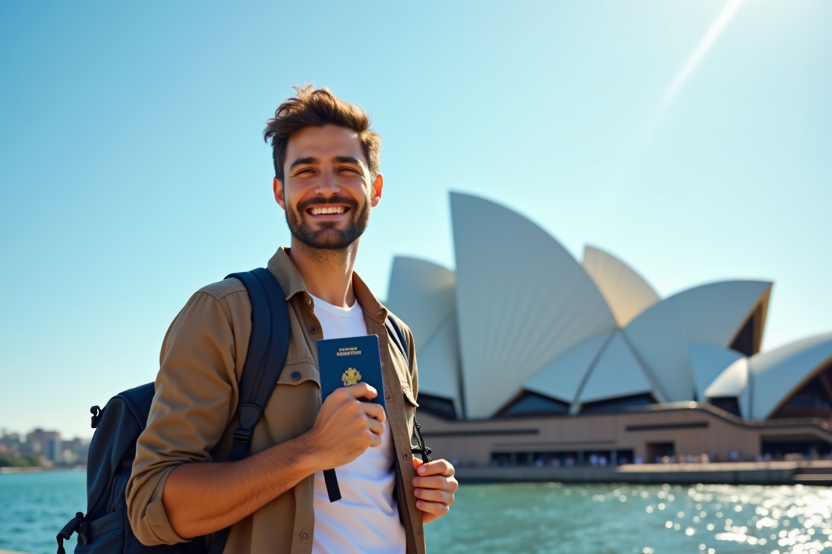 Voyageur souriant avec sac devant l