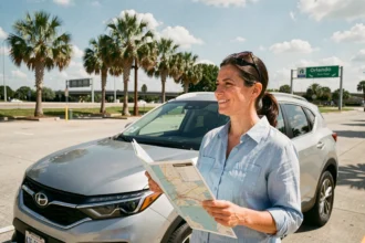 Femme debout près d'un SUV sur une aire de repos en Floride tenant une carte routière pour rejoindre Orlando depuis Miami