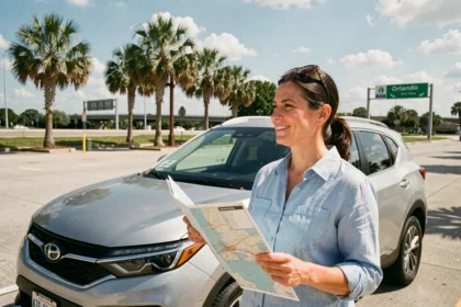 Femme debout près d'un SUV sur une aire de repos en Floride tenant une carte routière pour rejoindre Orlando depuis Miami