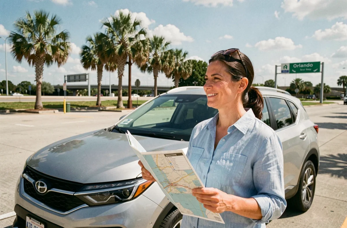 Femme debout près d'un SUV sur une aire de repos en Floride tenant une carte routière pour rejoindre Orlando depuis Miami