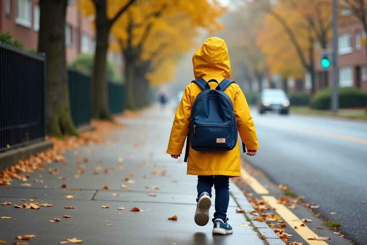 Jeune fille en imperméable jaune marchant seule sur un trottoir sécurisé près d'un passage piéton, trajet scolaire à pied