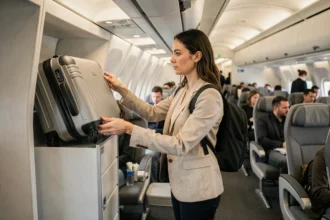 Femme plaçant une valise cabine dans le compartiment supérieur d'un avion avec un sac à dos sur les épaules