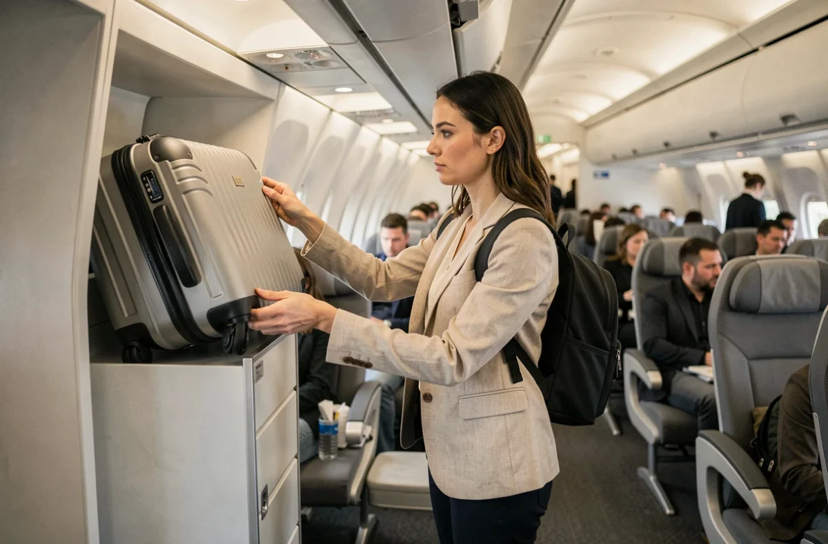Femme plaçant une valise cabine dans le compartiment supérieur d'un avion avec un sac à dos sur les épaules