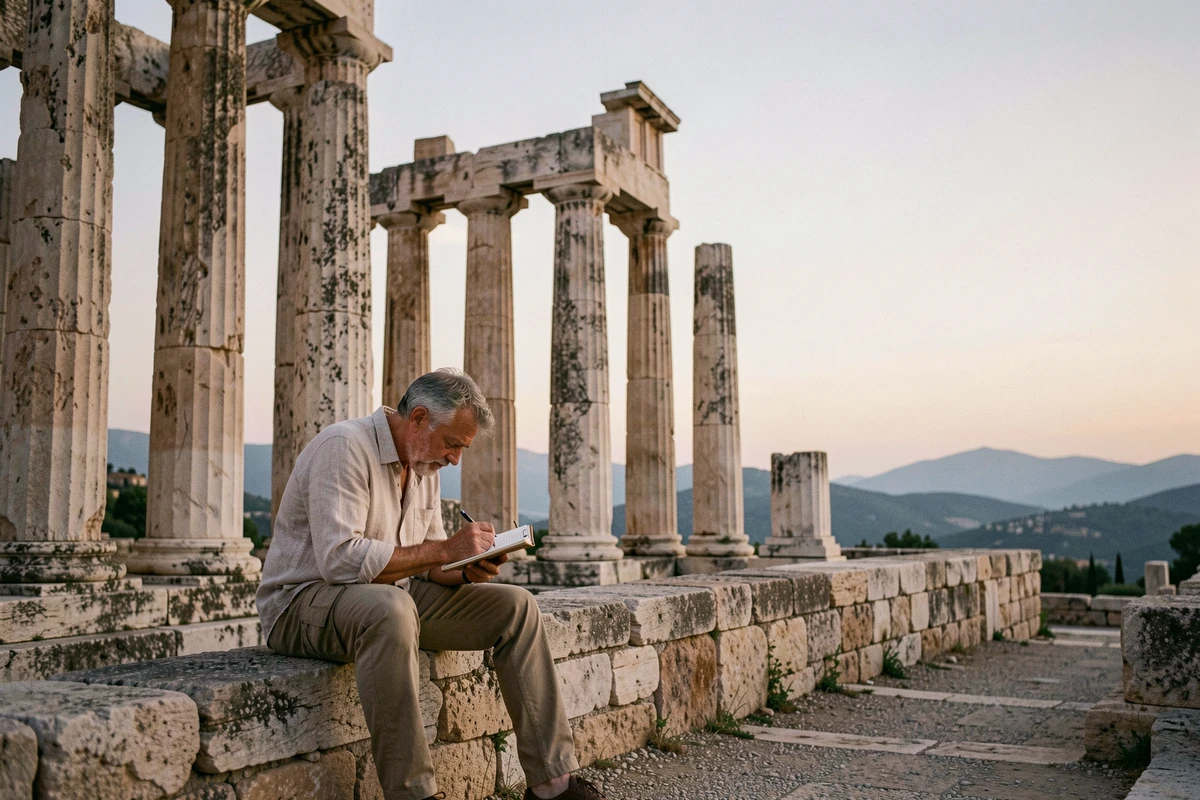 Voyageur solitaire contemplant les temples grecs de la Valle dei Templi à Agrigente en Sicile au crépuscule