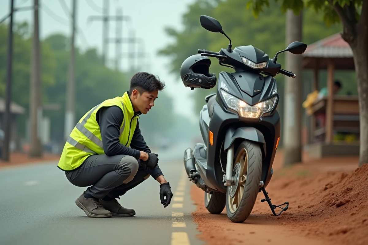Motard en équipement de sécurité vérifiant les pneus de son scooter en bord de route au Vietnam lors d'un road trip