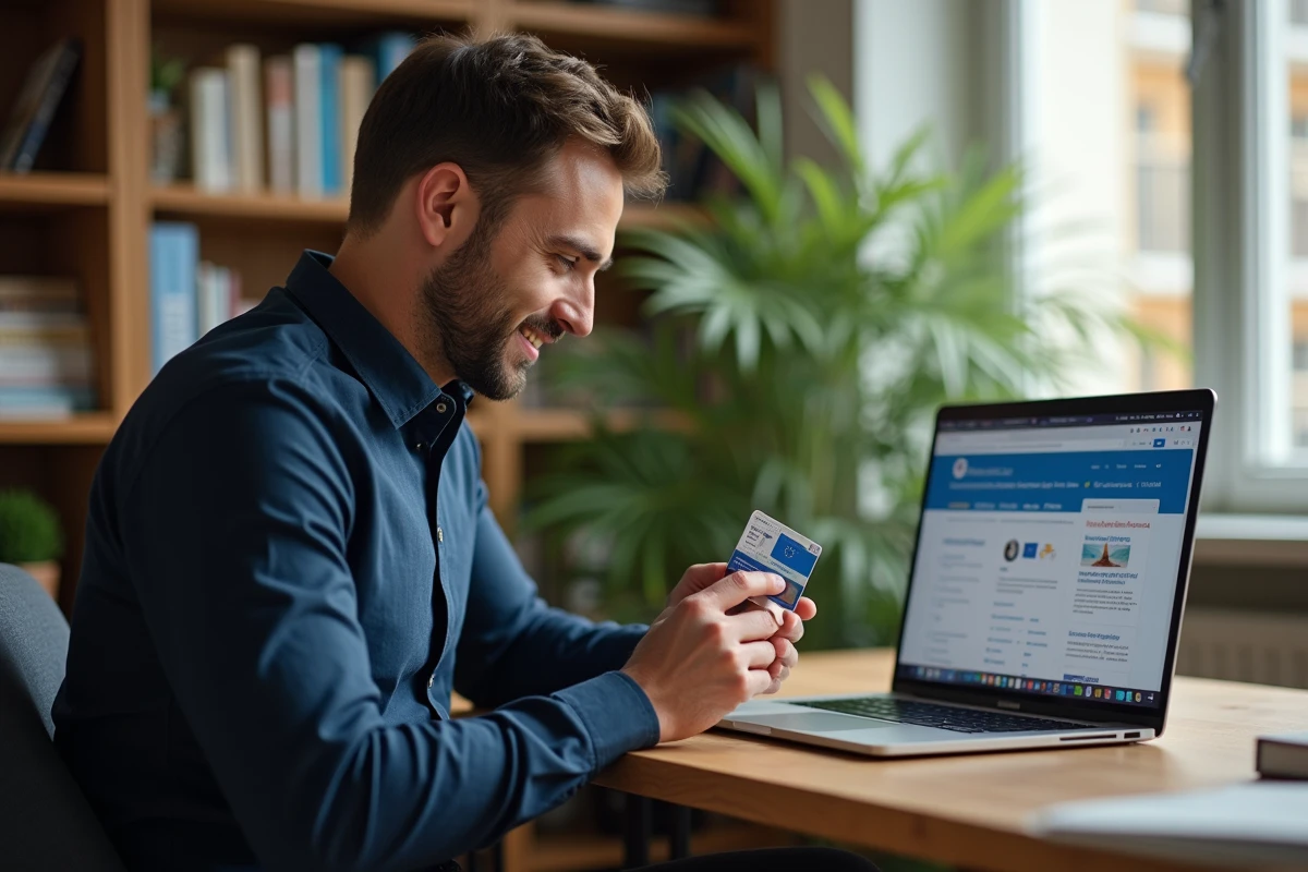 Homme vérifiant la validité prolongée de sa carte d'identité périmée sur un site de réglementation européenne