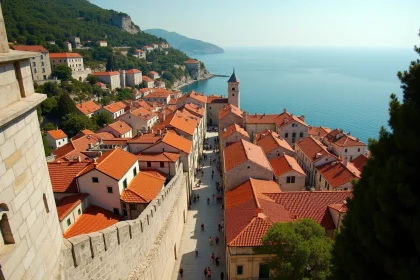 Vue panoramique des toits en tuiles de la vieille ville de Dubrovnik depuis les remparts en septembre avec la mer Adriatique en arrière-plan