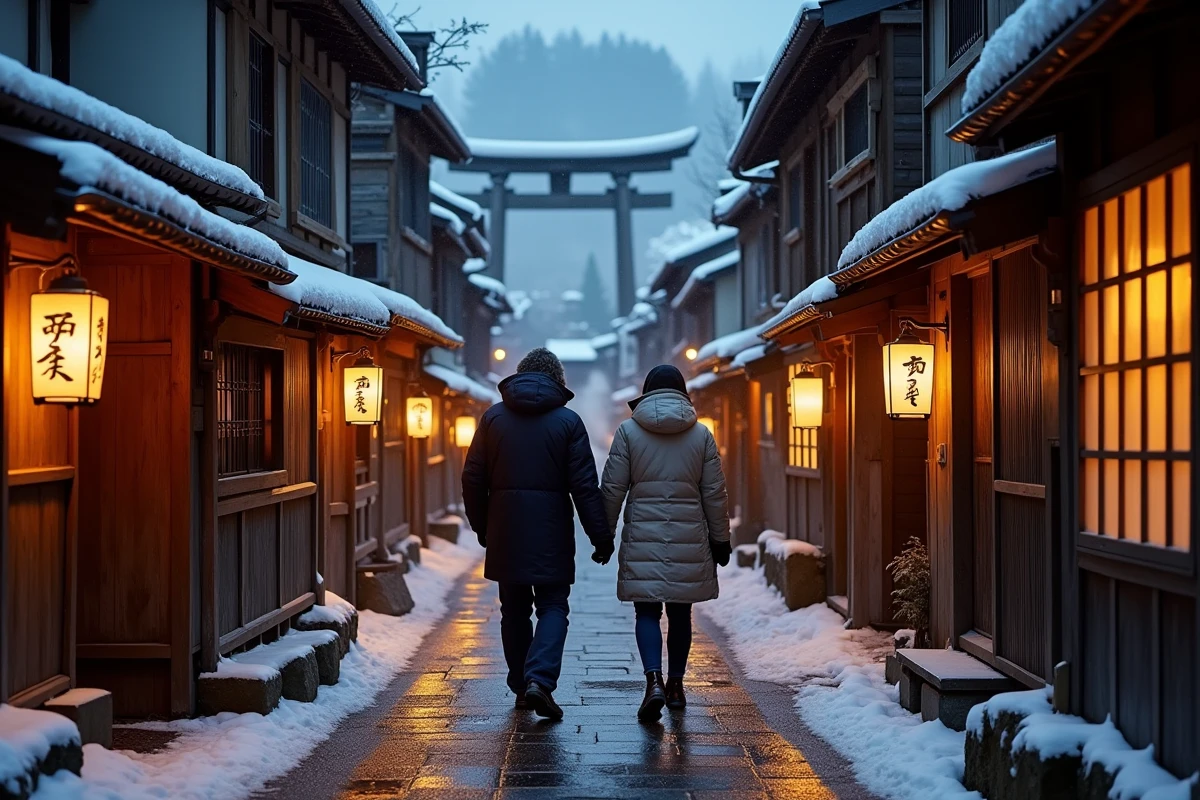 Ruelle enneigée et lanternes traditionnelles du village de Nozawa Onsen au crépuscule avec couple en promenade hivernale