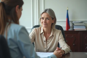 Femme accompagnant un patient en train de consulter un agent consulaire pour obtenir un visa médical, avec documents officiels sur un bureau administratif
