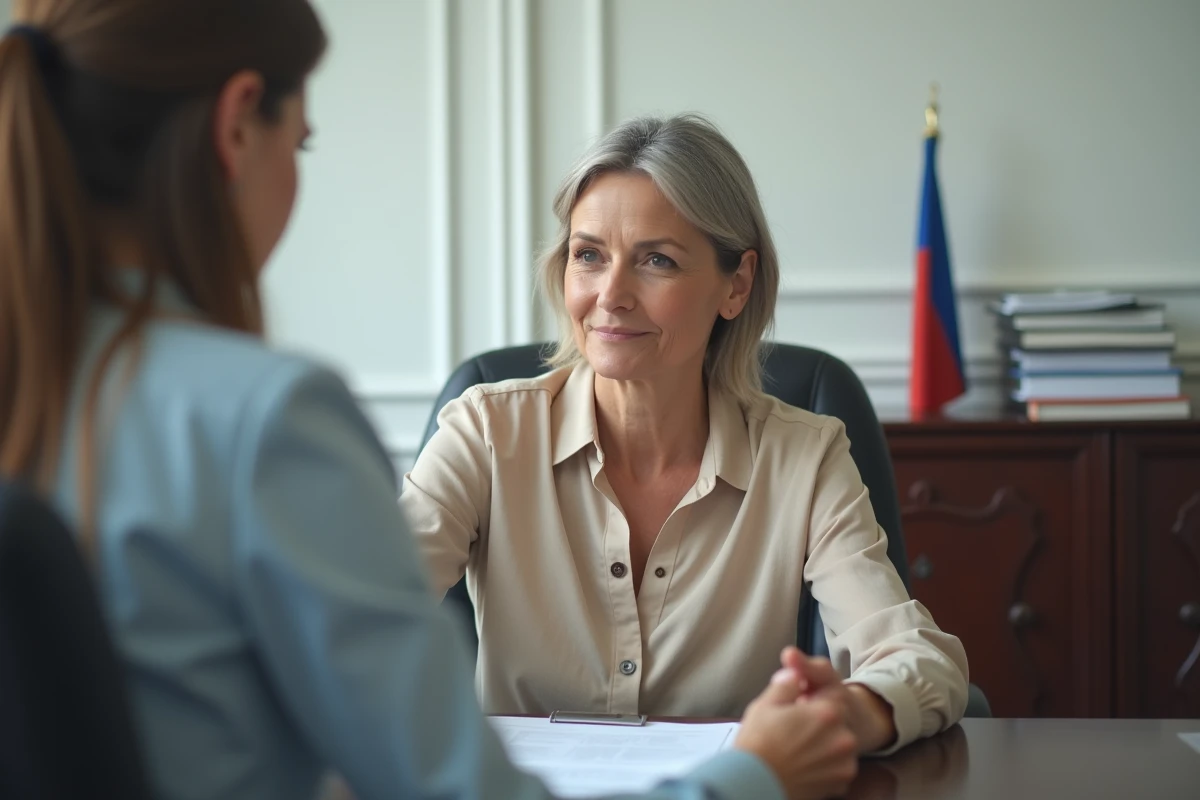 Femme accompagnant un patient en train de consulter un agent consulaire pour obtenir un visa médical, avec documents officiels sur un bureau administratif