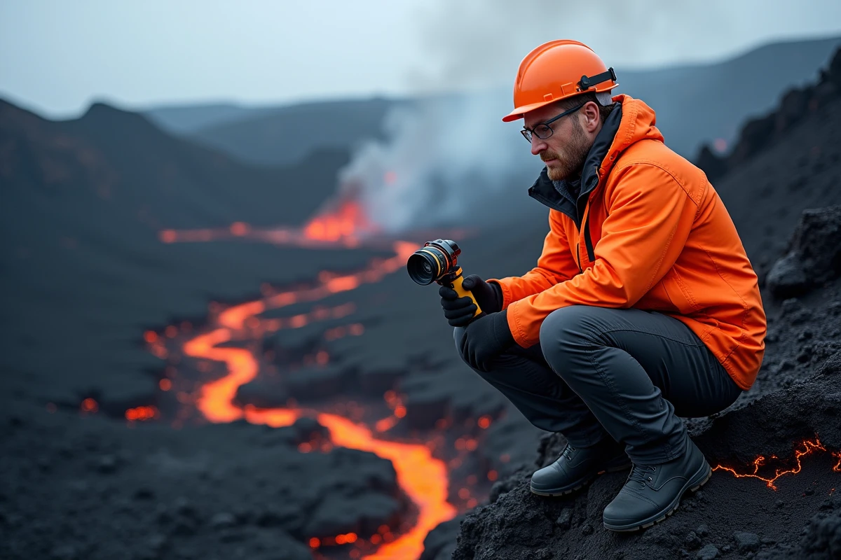 Volcanologue en tenue de protection mesurant une coulée de lave sur les flancs de l'Etna en Sicile