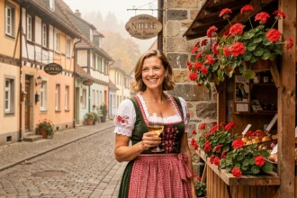 Femme en tenue alsacienne traditionnelle devant une maison à colombages à Colmar avec un verre de vin blanc