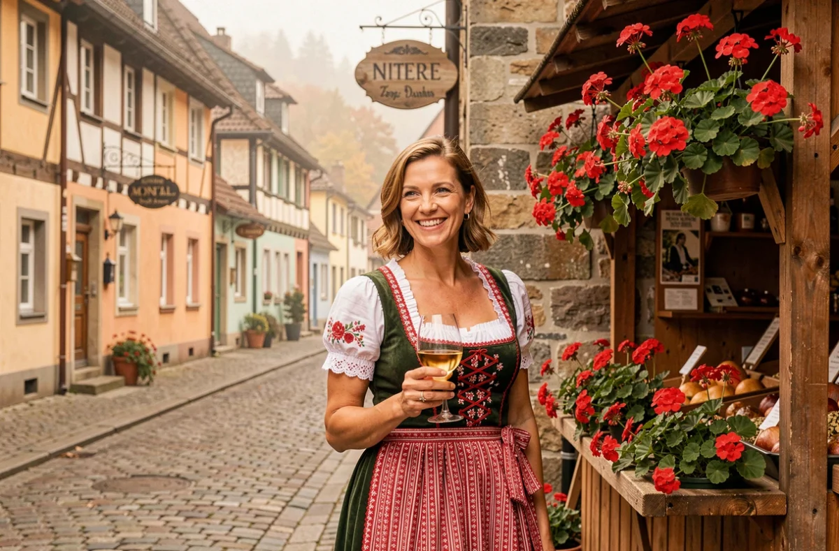 Femme en tenue alsacienne traditionnelle devant une maison à colombages à Colmar avec un verre de vin blanc
