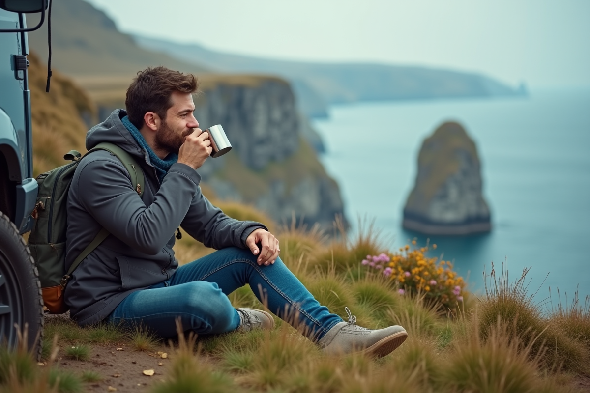 Voyageur seul sur une falaise regardant la mer