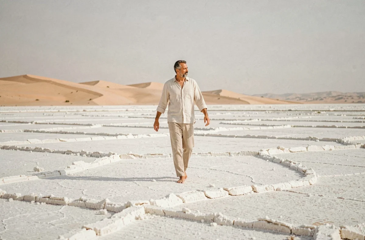 Voyageur marchant sur les étendues de sel du désert tunisien près de Tozeur avec paysage aride et dunes en arrière-plan