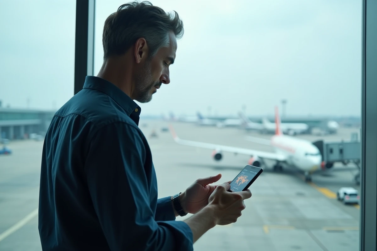 Voyageur masculin consultant une carte des fuseaux horaires sur smartphone dans un aéroport international
