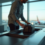 Voyageur dans une file de sécurité aéroport avec sac à la taille