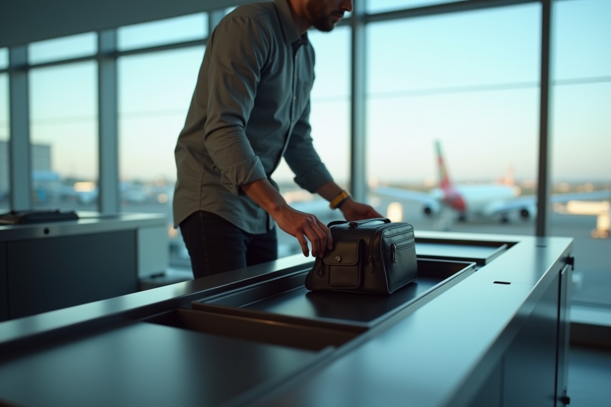 Voyageur dans une file de sécurité aéroport avec sac à la taille