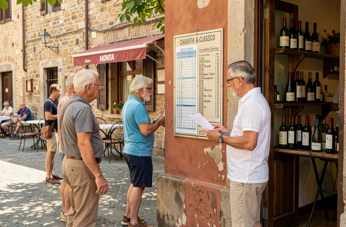 Voyageurs consultant un horaire de bus dans une piazza ensoleillée d'un village du Chianti Classico