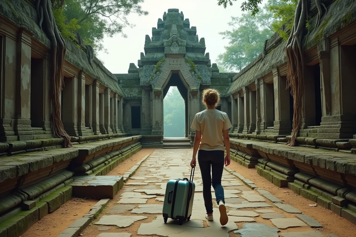 Voyageuse solo traversant les temples d'Angkor Wat au Cambodge avec ses bagages lors d'un circuit combiné