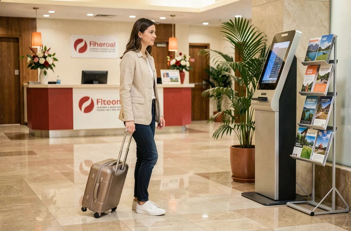 Voyageuse arrivant à la réception d'un hôtel Ibis budget à Anglet avec sa valise