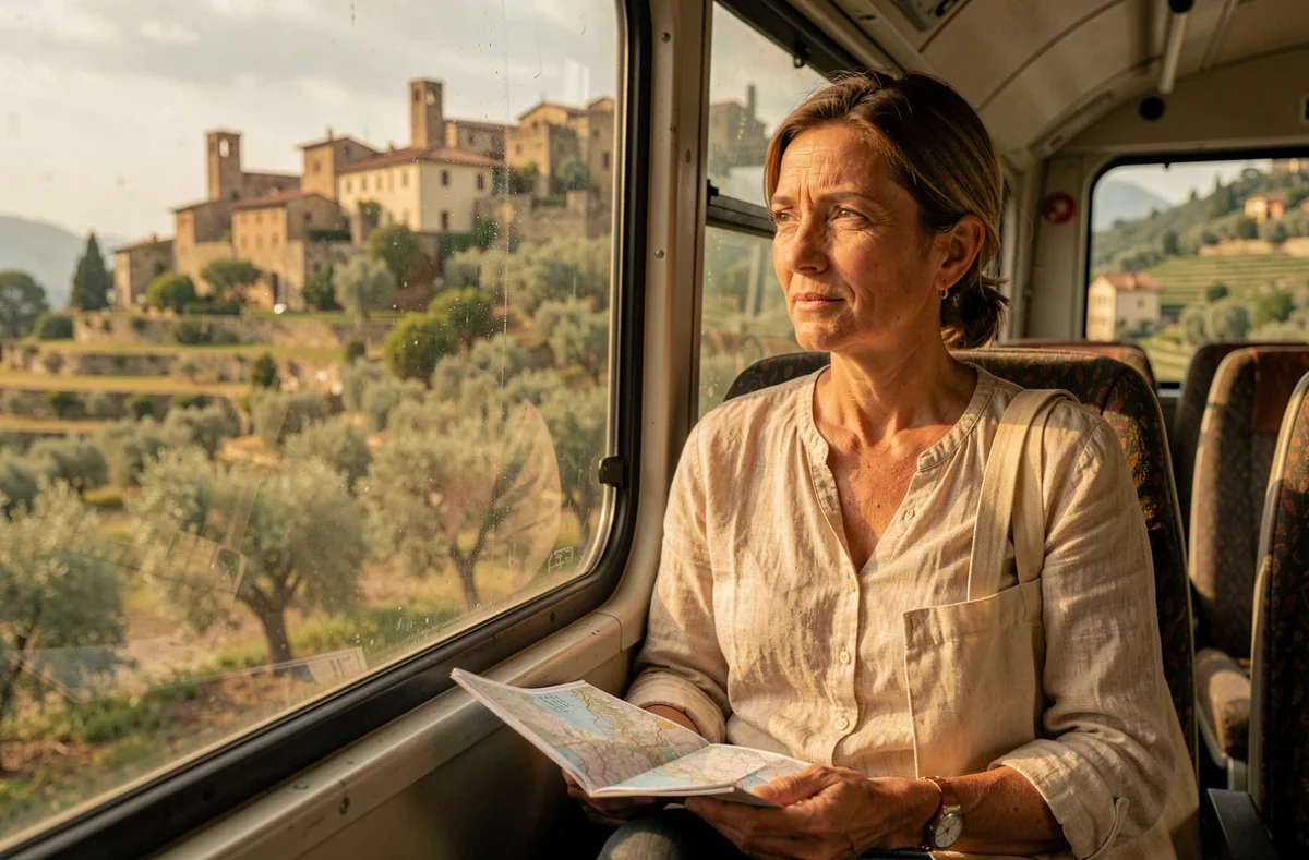 Voyageuse contemplant les villages médiévaux du Chianti depuis la fenêtre d'un bus régional toscan