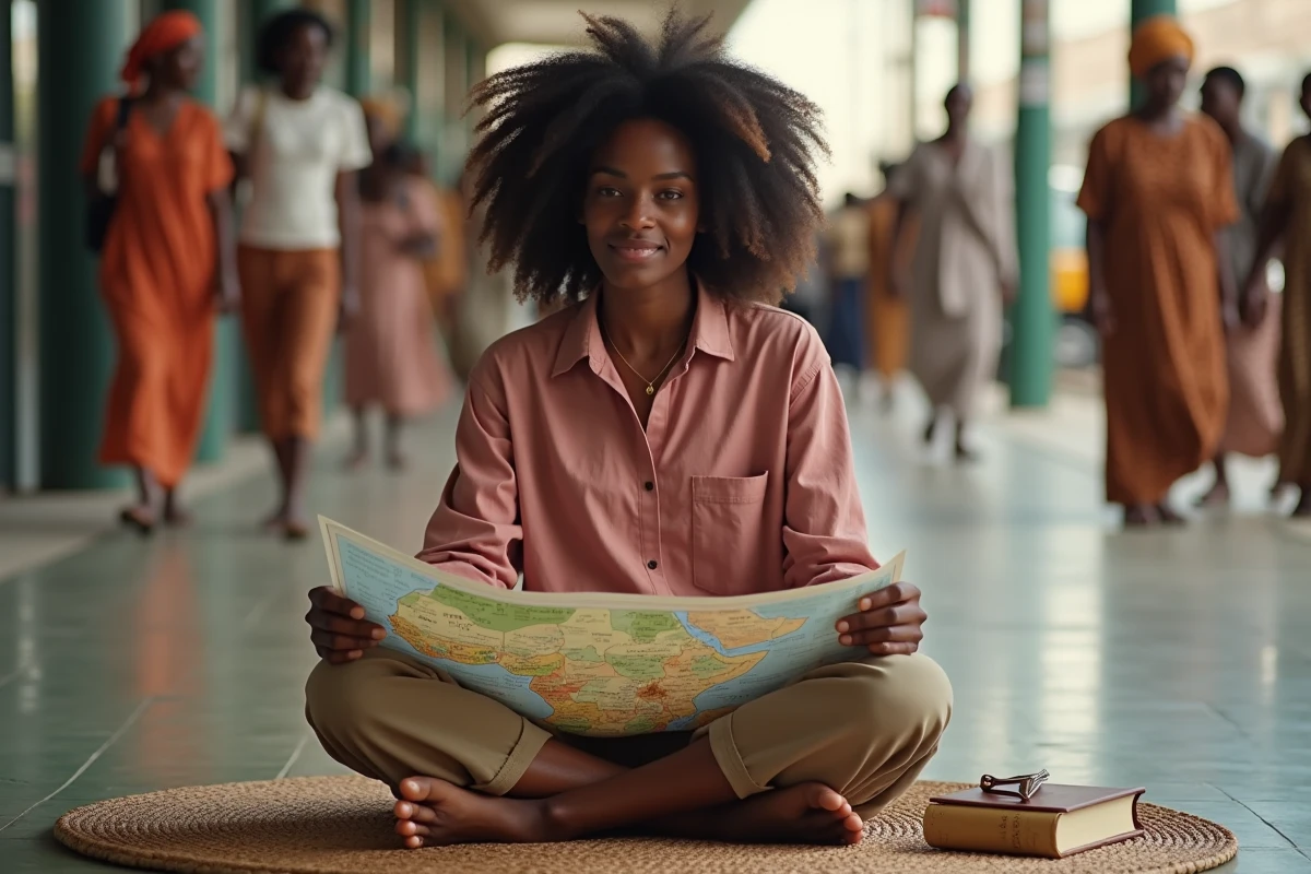 Voyageuse consultant une carte du Sénégal et de l'Afrique de l'Ouest dans une gare routière sénégalaise pour organiser son itinéraire