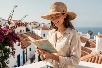 Voyageuse consultant un guide touristique sur un toit-terrasse avec vue sur la médina bleue et blanche de Sidi Bou Saïd en Tunisie