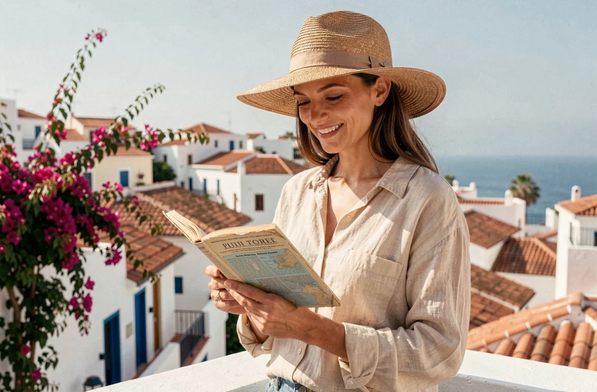Voyageuse consultant un guide touristique sur un toit-terrasse avec vue sur la médina bleue et blanche de Sidi Bou Saïd en Tunisie