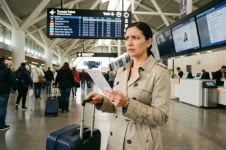 Voyageuse perdue dans le terminal d'Orly consultant sa carte d'embarquement face aux panneaux de départ TUI Fly