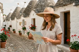Voyageuse en robe de lin consultant une carte devant les trulli d'Alberobello dans les Pouilles