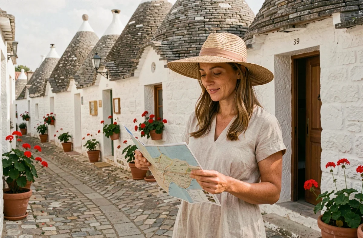 Voyageuse en robe de lin consultant une carte devant les trulli d'Alberobello dans les Pouilles