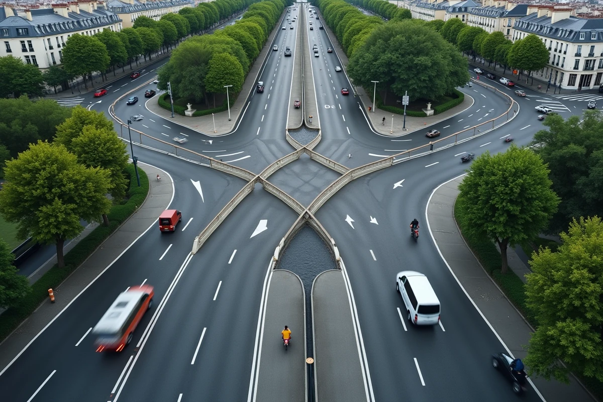 Vue aérienne d'un échangeur routier parisien avec trafic fluide illustrant les itinéraires pour éviter les bouchons