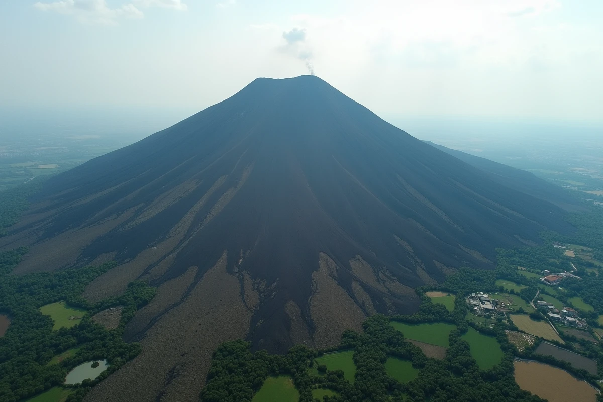 Vue aérienne panoramique de l'Etna montrant les coulées de lave anciennes et le panache volcanique depuis les airs