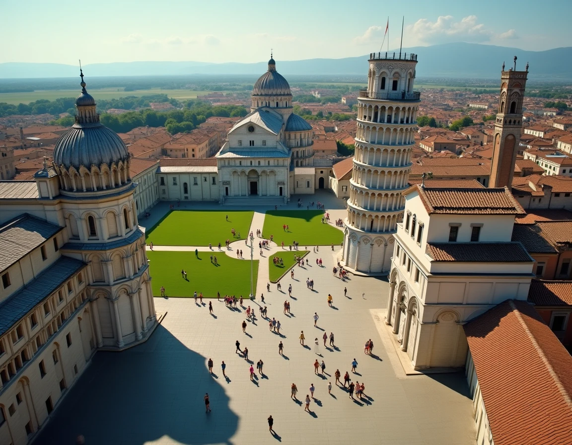 Vue en hauteur de la Piazza dei Miracoli à Pise montrant la position de la Tour de Pise par rapport à la cathédrale et au baptistère