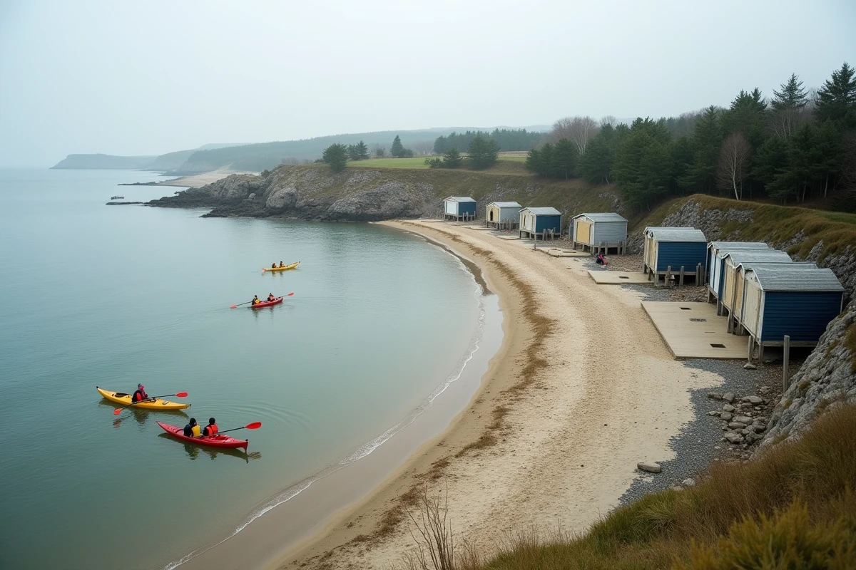 Vue panoramique de la plage de Conleau à Vannes avec kayakistes et cabines en bord de mer breton