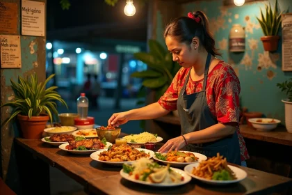 Femme balinaise servant des plats locaux dans un warung de Padangbai la nuit, ambiance authentique de rue portuaire